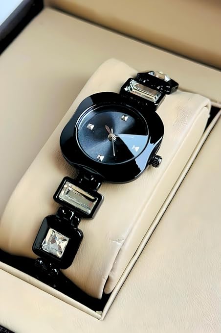 Round Dial in Square case with Ston Studded brecelet Strap Quartz Analogue Wrist Watches for Women's
