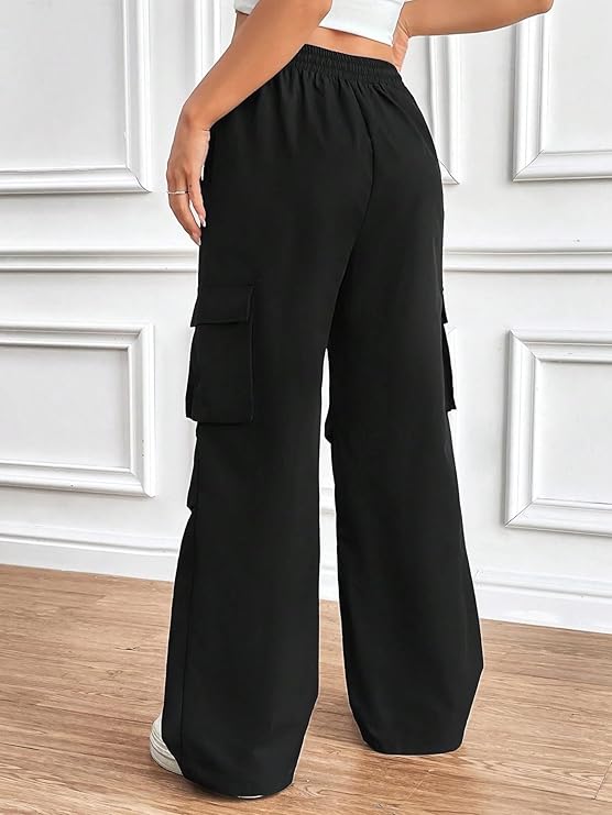 Cotton Solid Side Pockets Parachute Cargo Baggy Pant for Women
