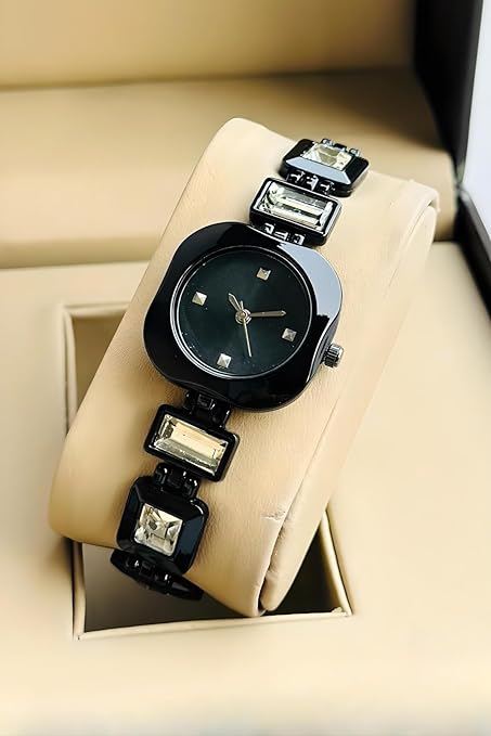 Round Dial in Square case with Ston Studded brecelet Strap Quartz Analogue Wrist Watches for Women's