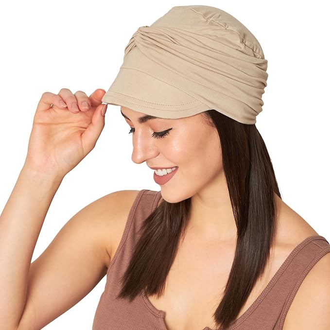 Women's Bamboo Viscose Free Size New Boy Visor Cap with Gathered Band Chemo Hair Loss