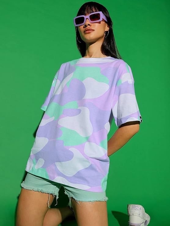 Women's 100% Cotton Camouflage Oversized Fit Round Neck T-Shirt