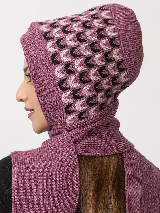 Women's Winter Woolen Warm Soft Knitted Designer Muffler Beanie Cap with Fleece