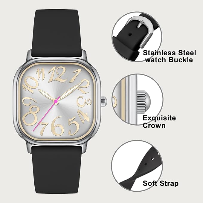Women's Waterproof Watch, Stylish Silicone Strap for Women's Wrists 5IN-7IN, Large 32MM Dial with Easy-to-Read Arabic Numerals