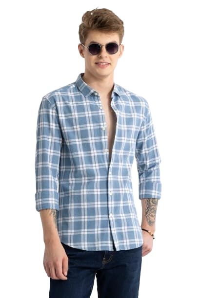 Men's Cotton Casual Checked Classic Collar Slim Fit Shirt