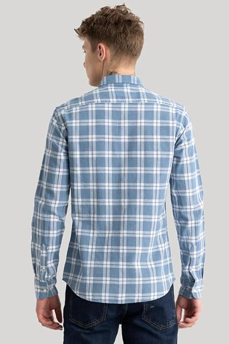 Men's Cotton Casual Checked Classic Collar Slim Fit Shirt