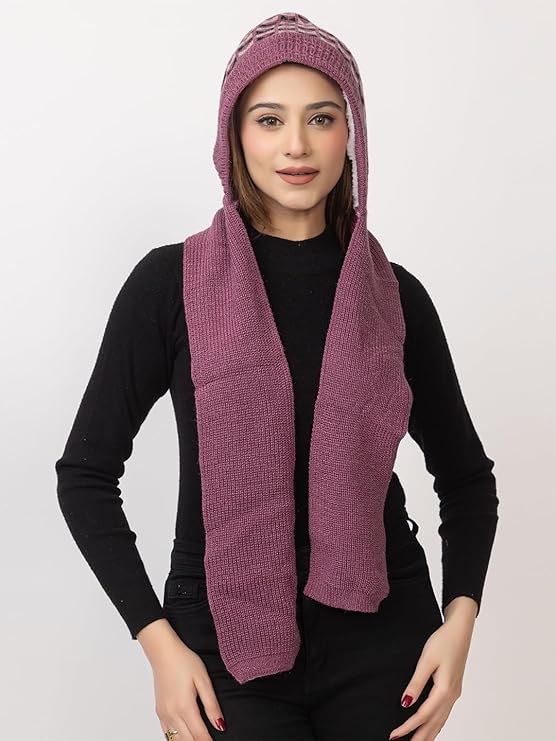 Women's Winter Woolen Warm Soft Knitted Designer Muffler Beanie Cap with Fleece