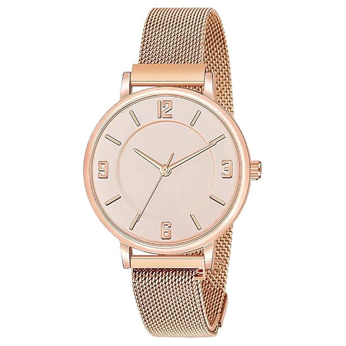Rose Gold Color Mesh Chain with Magnetic Lock Analog Wrist Watch for Women
