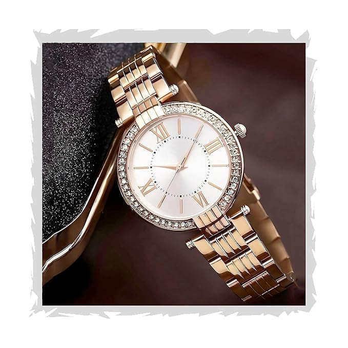 Women Watches Analogue Wrist Watches for Women's & Girls&Miss&Ladies Luxury Blue Dial with Roman Marker in Diamond Studded Round case with Rose Gold brecelet Strap Stylish