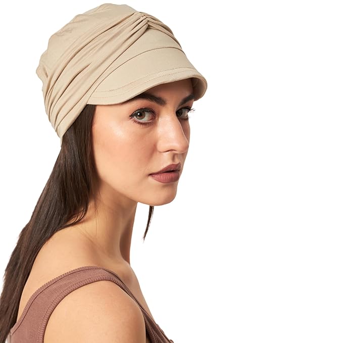 Women's Bamboo Viscose Free Size New Boy Visor Cap with Gathered Band Chemo Hair Loss