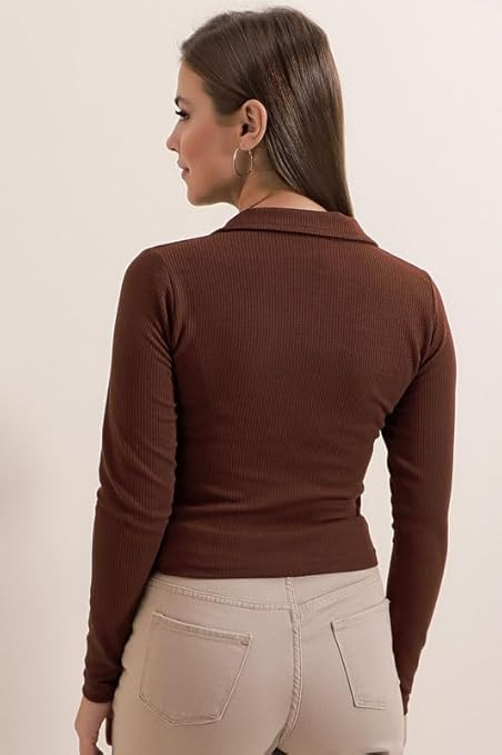 Women's Collared Neck Long Sleeve Slim Fit Casual Tee Top