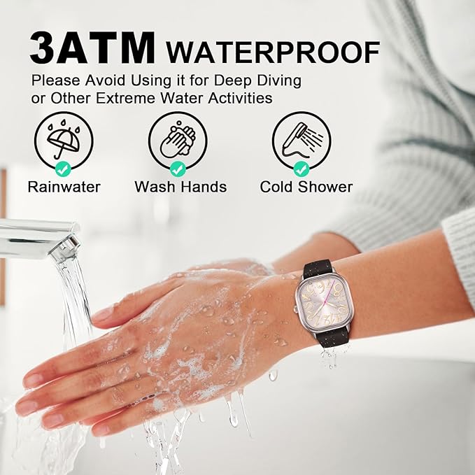 Women's Waterproof Watch, Stylish Silicone Strap for Women's Wrists 5IN-7IN, Large 32MM Dial with Easy-to-Read Arabic Numerals