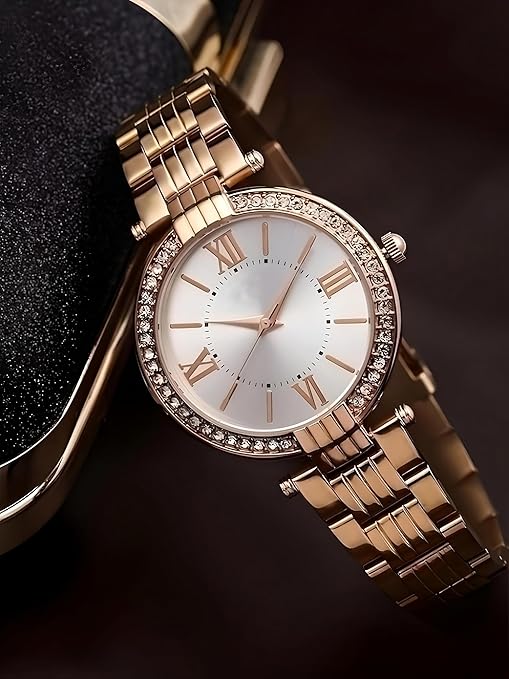 Women Watches Analogue Wrist Watches for Women's & Girls&Miss&Ladies Luxury Blue Dial with Roman Marker in Diamond Studded Round case with Rose Gold brecelet Strap Stylish