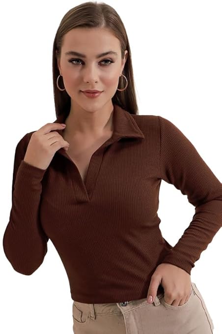 Women's Collared Neck Long Sleeve Slim Fit Casual Tee Top