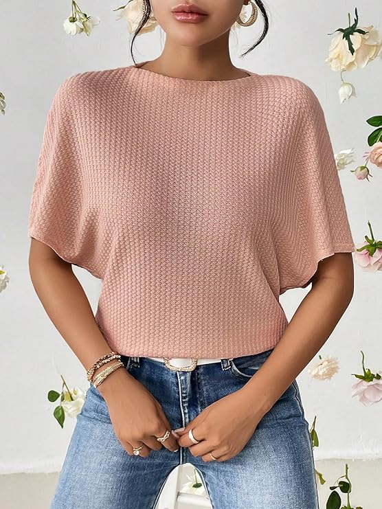 Women Fashion Fall Batwing Half Sleeve t Shirt for Woman Boat Neck Oversized Tunic Tops Casual Waffle Knit Tshirt Tops for Women