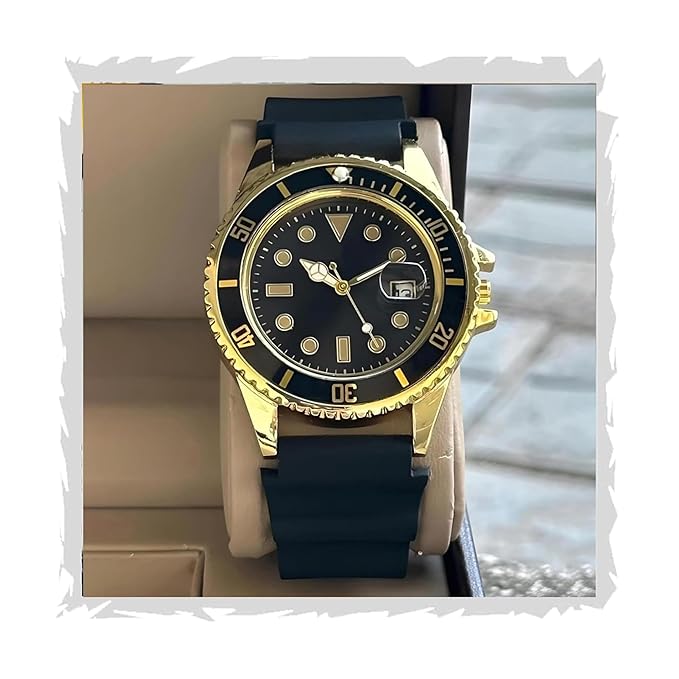 Minimalist Black Dial Date Display with Fancy Hands Rubber Strap Quartz Analog Wrist Watch for Men