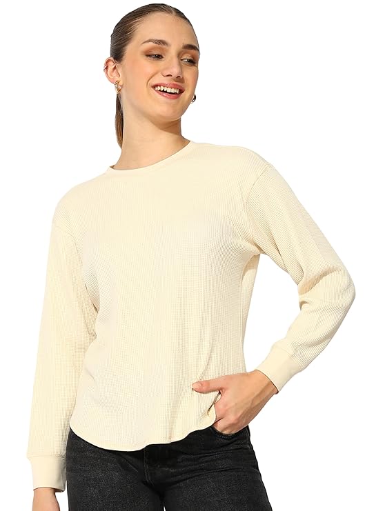 Women's 100%Cotton Relaxed Fit Waffle Crew Neck Long Sleeve T-Shirt