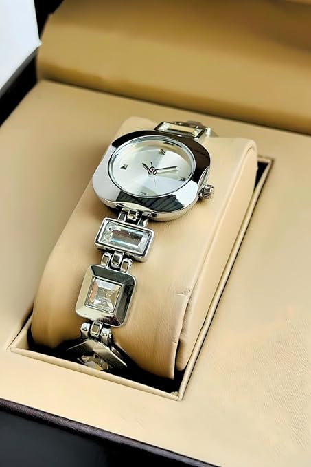 Luxury Round Dial in Square case with Ston Studded brecelet Strap Quartz Analogue Wrist Watches for Women's