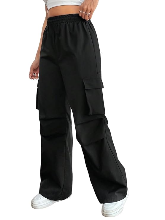 Cotton Solid Side Pockets Parachute Cargo Baggy Pant for Women