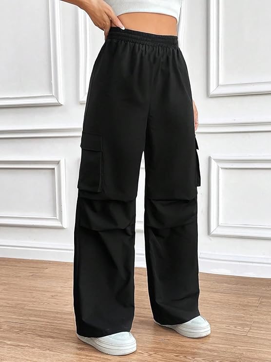 Cotton Solid Side Pockets Parachute Cargo Baggy Pant for Women