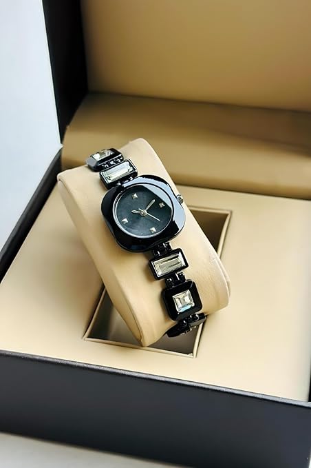 Round Dial in Square case with Ston Studded brecelet Strap Quartz Analogue Wrist Watches for Women's