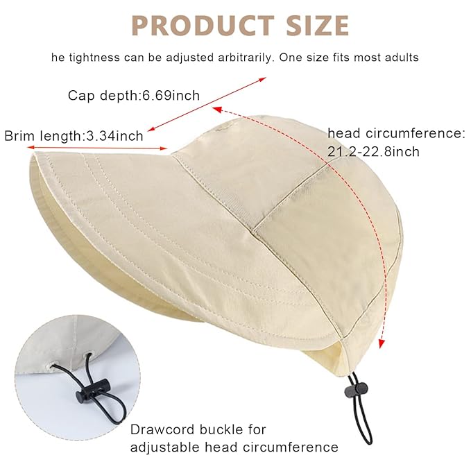 Bucket Hat for Women Sun Protection Wide Brim Beach Hat Sun Hats for Women Fashion Lightweight Quick Dry Summer Cap for Beach, Cycling, Travel - Adjustable Drawstring Closure