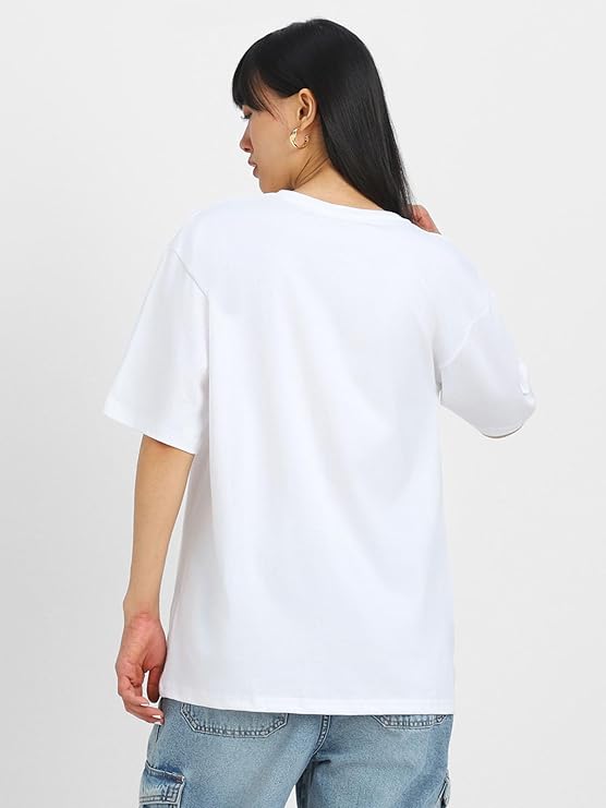 Round Neck Drop Shoulder Round Neck Black & White Graphic Printed Pure Cotton Oversized Baggy Fit Half Sleeve T-Shirt