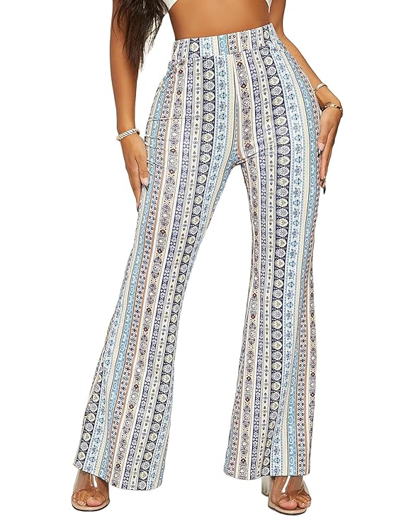 Women's Printd Dress Pants Stretchy Work Slacks Business Casual Office Bell-Bottom/Boot-Cut Elastic Waist Regular Fit Trouser Pant