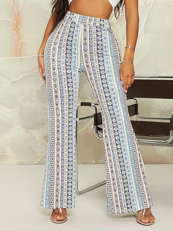 Women's Printd Dress Pants Stretchy Work Slacks Business Casual Office Bell-Bottom/Boot-Cut Elastic Waist Regular Fit Trouser Pant