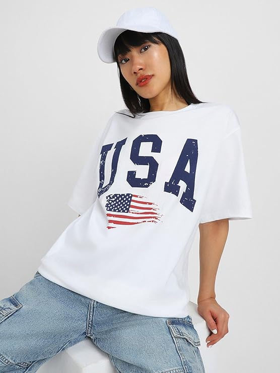 Round Neck Drop Shoulder Round Neck Black & White Graphic Printed Pure Cotton Oversized Baggy Fit Half Sleeve T-Shirt