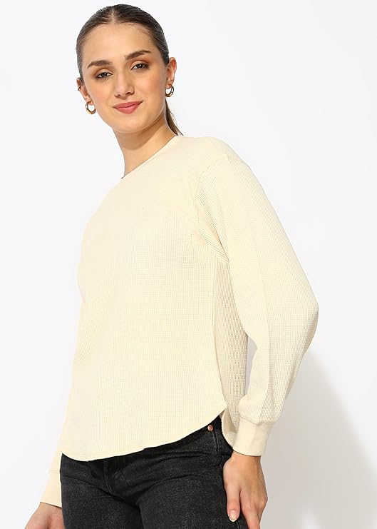 Women's 100%Cotton Relaxed Fit Waffle Crew Neck Long Sleeve T-Shirt