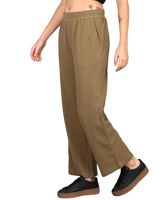 Clothing Women's Straight Fit Mid Rise Solid Stretch Waffle Straight Pants