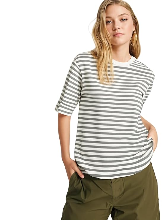 Half Sleeves 100% Cotton Round Neck Striped T-Shirt for WOMEN