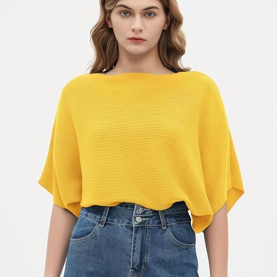 Fashion Ribbed Batwing Sleeves Bagy Balloon Style Fit Top for Women t Shirts