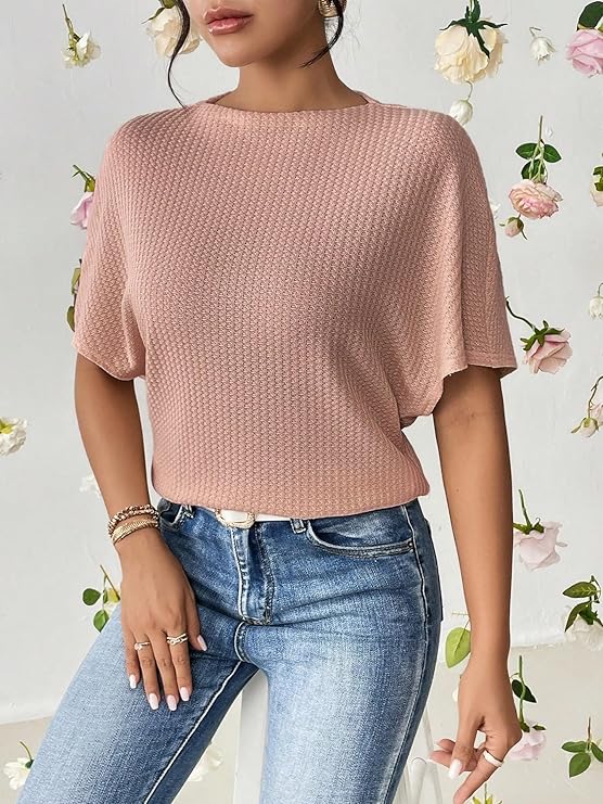 Women Fashion Fall Batwing Half Sleeve t Shirt for Woman Boat Neck Oversized Tunic Tops Casual Waffle Knit Tshirt Tops for Women
