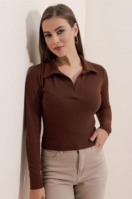 Women's Collared Neck Long Sleeve Slim Fit Casual Tee Top