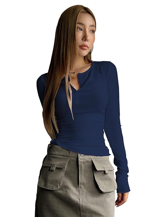 Women's & Girl's Long Sleeve Round Neck Solid Color Ruched Workwear Casual Top Half Button Down Henley Regular Fit T-Shirt for Women