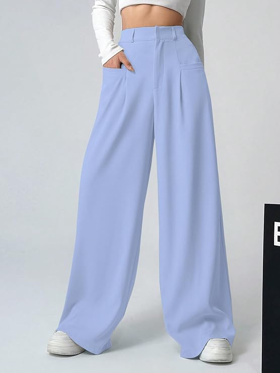 Women & Girls Solid Black Color Loose Fit, Pleated Trousers, Wide Leg Pocket Casual Long Korean Trousers Pant