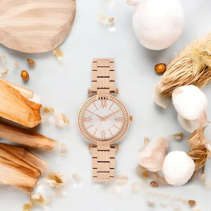 Women Watches Analogue Wrist Watches for Women's & Girls&Miss&Ladies Luxury Blue Dial with Roman Marker in Diamond Studded Round case with Rose Gold brecelet Strap Stylish