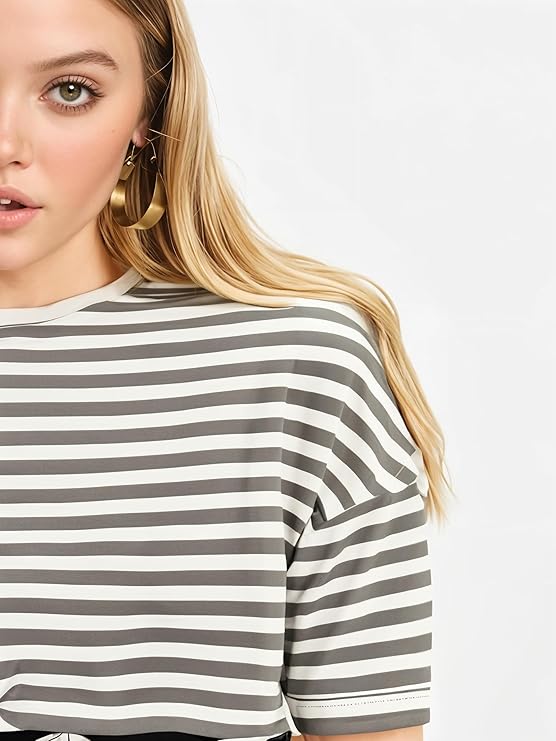 Half Sleeves 100% Cotton Round Neck Striped T-Shirt for WOMEN