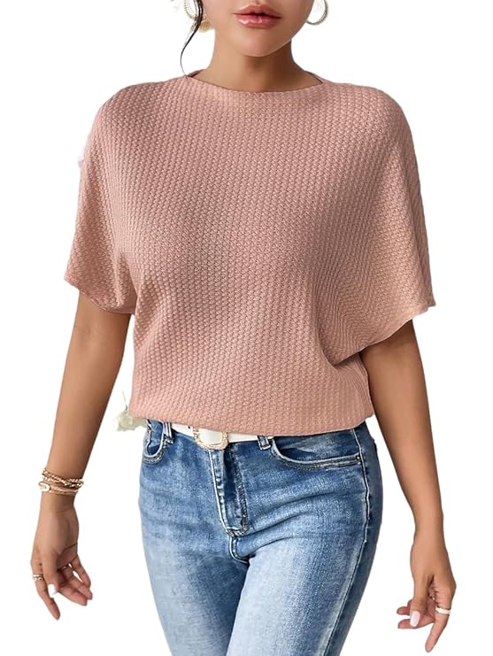 Women Fashion Fall Batwing Half Sleeve t Shirt for Woman Boat Neck Oversized Tunic Tops Casual Waffle Knit Tshirt Tops for Women