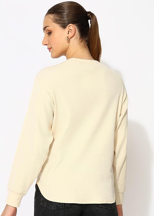 Women's 100%Cotton Relaxed Fit Waffle Crew Neck Long Sleeve T-Shirt