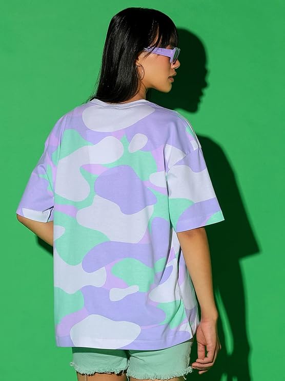 Women's 100% Cotton Camouflage Oversized Fit Round Neck T-Shirt