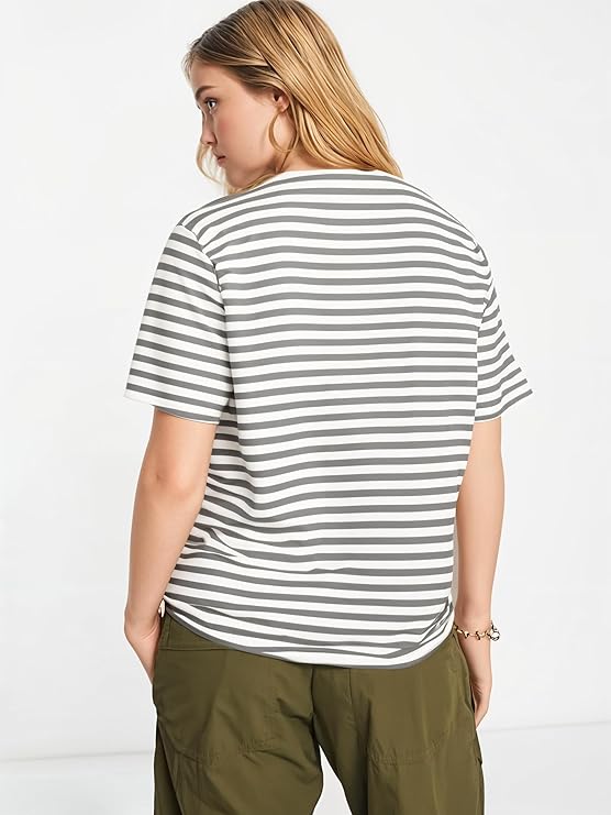 Half Sleeves 100% Cotton Round Neck Striped T-Shirt for WOMEN