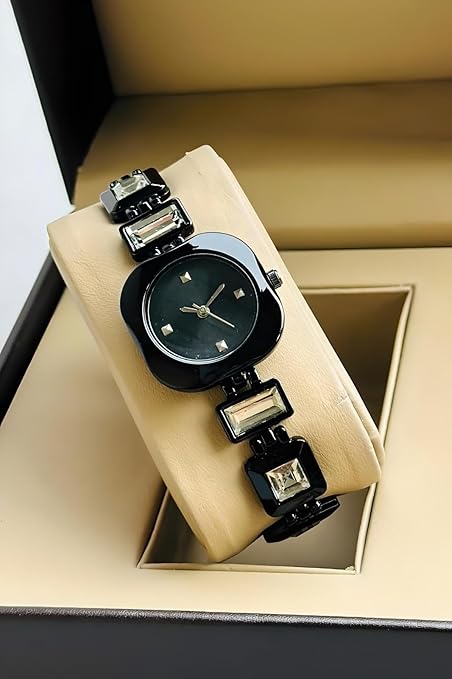 Round Dial in Square case with Ston Studded brecelet Strap Quartz Analogue Wrist Watches for Women's