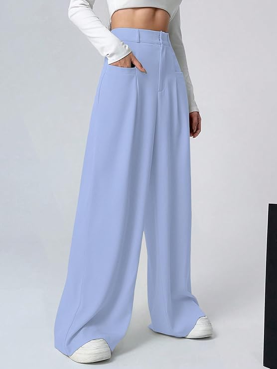 Women & Girls Solid Black Color Loose Fit, Pleated Trousers, Wide Leg Pocket Casual Long Korean Trousers Pant