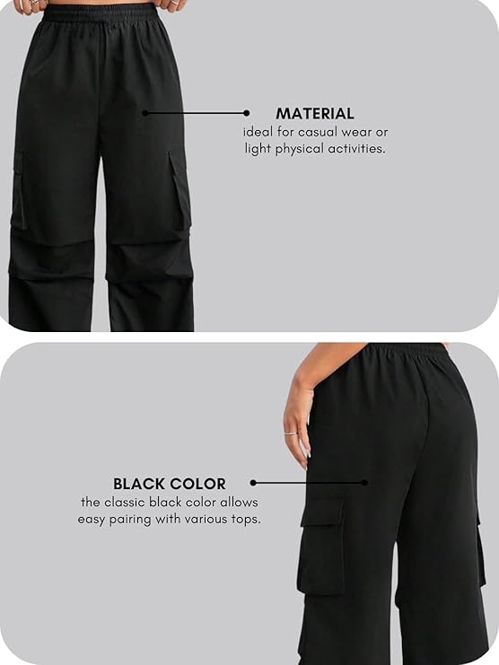 Cotton Solid Side Pockets Parachute Cargo Baggy Pant for Women