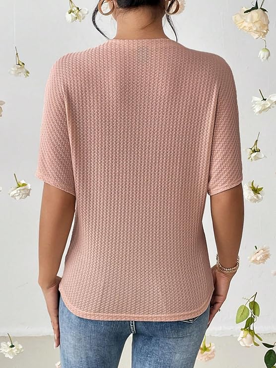 Women Fashion Fall Batwing Half Sleeve t Shirt for Woman Boat Neck Oversized Tunic Tops Casual Waffle Knit Tshirt Tops for Women
