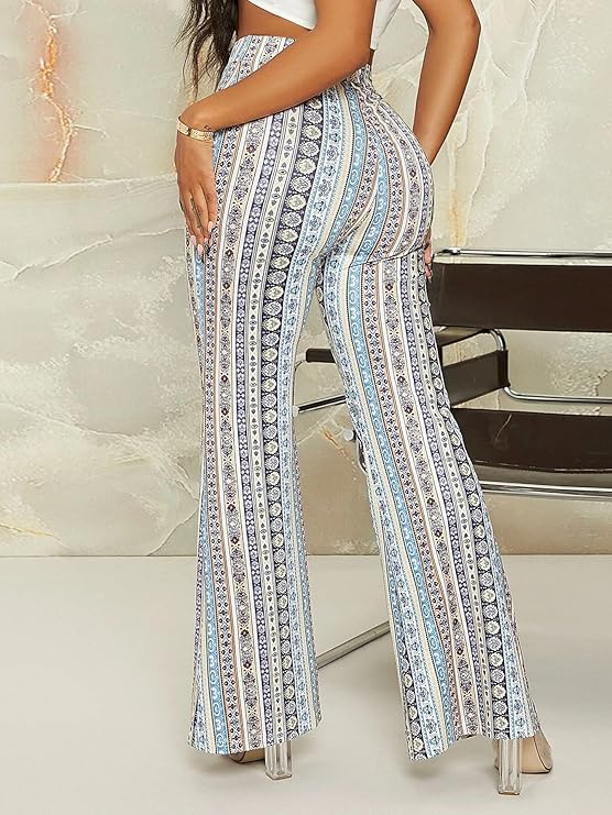 Women's Printd Dress Pants Stretchy Work Slacks Business Casual Office Bell-Bottom/Boot-Cut Elastic Waist Regular Fit Trouser Pant