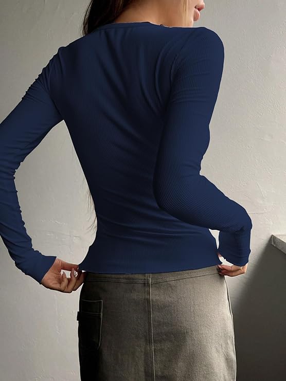 Women's & Girl's Long Sleeve Round Neck Solid Color Ruched Workwear Casual Top Half Button Down Henley Regular Fit T-Shirt for Women