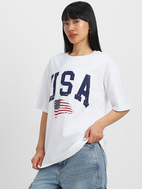 Round Neck Drop Shoulder Round Neck Black & White Graphic Printed Pure Cotton Oversized Baggy Fit Half Sleeve T-Shirt